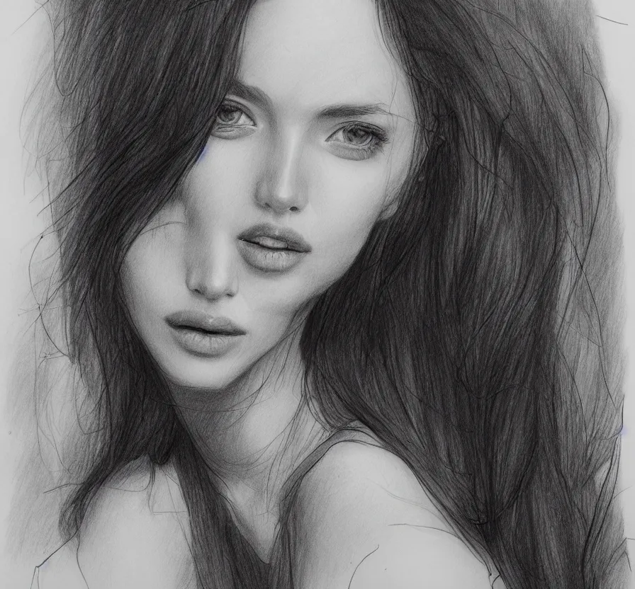 Image similar to woman + posing + photo, pencil drawing, pencil, black, sketch, on paper, realistic, detailed, artstation