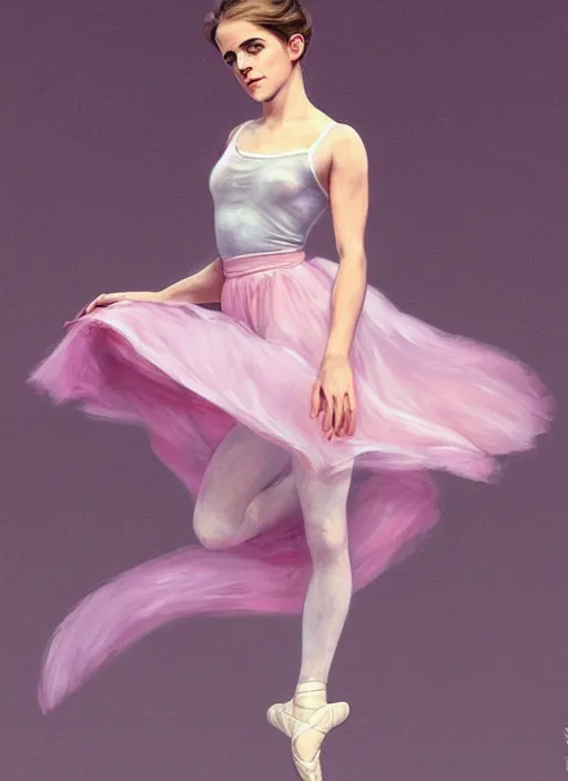 Image similar to emma watson as ballerina, ballet pose, long hair, skirt and t-shirt, soft pink and white transparent cloth, space, D&D, shiny background, intricate, elegant, highly detailed, digital painting, artstation, concept art, smooth, sharp focus, illustration, artgerm, bouguereau