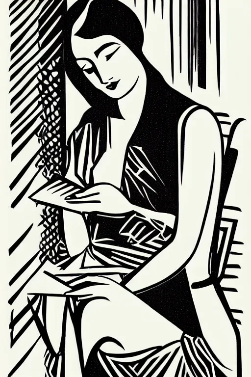 Prompt: woman reading a love note art by james o barr and tamara lempicka, woodblock print, black and white, vector, vector art