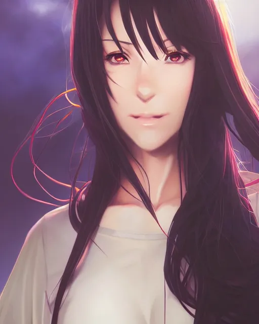 Image similar to anime portrait of Alanis Morissette as an anime woman by Stanley Artgerm Lau, WLOP, Rossdraws, James Jean, Andrei Riabovitchev, Marc Simonetti, and Sakimichan, trending on artstation