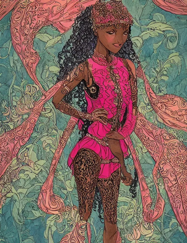 Prompt: black - skinned princess of the strawberry cream valley, wearing a filigree dress. this heavily stylized watercolor by an indie comic artist has interesting color contrasts, plenty of details and impeccable lighting.