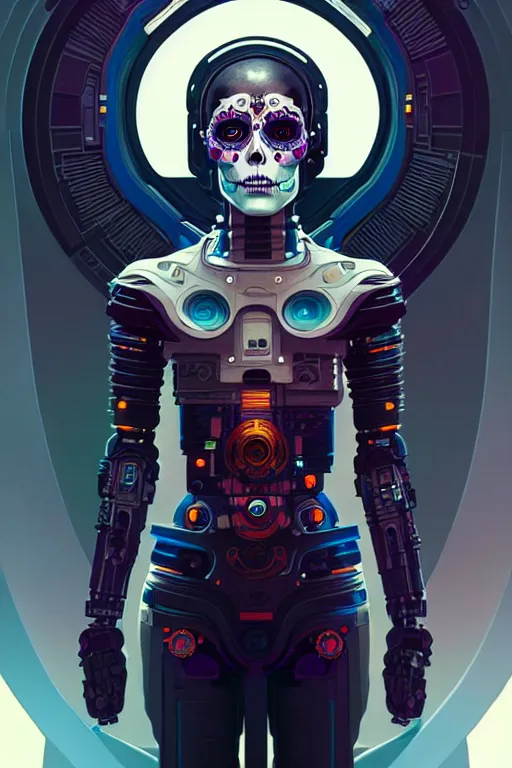 Image similar to ultra detailed, portrait of a female android, sci - fi, triadic color scheme, moody, calm, ( dia de los muertos ), asymmetrical, intricate concept art, art by godmachine and michael welan and dzo and greg rutkowski and alphonse mucha and loish and wlop