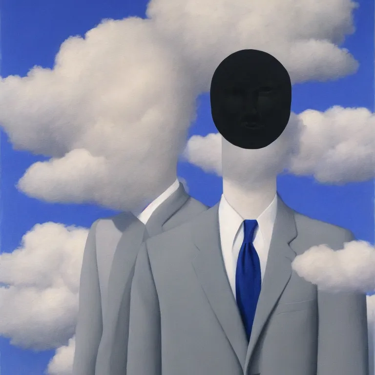 Image similar to portrait of a faceless shadow - head man in a suit, clouds in the background, by rene magritte, detailed painting, distance, middle centered, hd, hq, high resolution, high detail, 4 k, 8 k