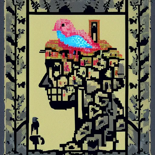 Image similar to by cecil beaton pixel art highly detailed. a collage of a man, with an animal skull for a head, & a large bird perched on his shoulder. the man is looking up at the bird with a fierce expression, & the bird is looking back at him with an equally intense gaze.