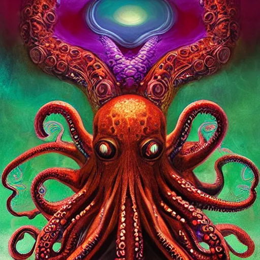 Image similar to depicting an octopus, in the style of h. p. lovecraft, exuberant organic elegant forms, by karol bak and filip hodas : : 1. 4 purple, red, blue, green, black intricate mandala explosions : : intuit art : : turbulent water backdrop : : damask wallpaper : : atmospheric