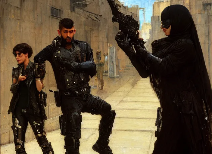 Image similar to sophia evades sgt Nash. Cyberpunk thief wearing combat vest escaping menacing police troopers (blade runner 2049). Gorgeous face. Iranian orientalist portrait by john william waterhouse and Edwin Longsden Long and Theodore Ralli and Nasreddine Dinet, oil on canvas. Cinematic, hyper realism, realistic proportions, dramatic lighting, high detail 4k