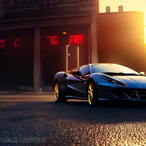 Prompt: Tifa Lockhart posing in front of a parked Ferrari, fog, rain, volumetric lighting, beautiful, golden hour, sharp focus, highly detailed, cgsociety