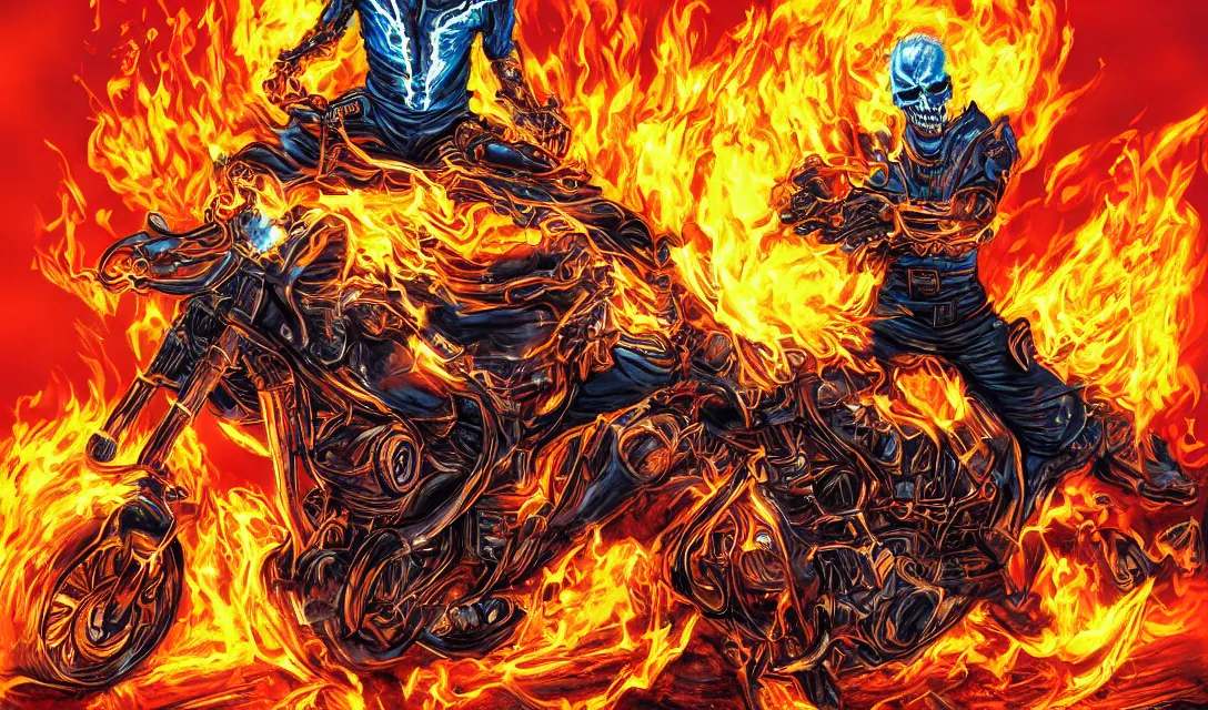 Prompt: ghost rider in the hell, epic pose, pastel, colorful, bright, cartoony,, digital art