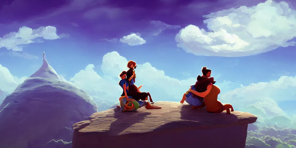 Prompt: conceptual art of a beautiful couple sitting on a cloud, mattepainting concept Blizzard pixar maya engine on stylized background global illumination lighting artstation in the style of The Road to El Dorado