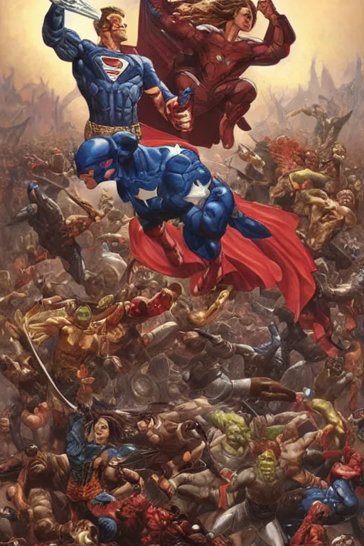 Image similar to super hero civil war battle. art by tomacz alen kopera and gaston bussiere and alex ross.