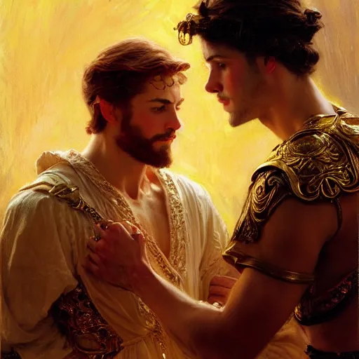 Image similar to attractive fully clothed king confesses his love for his attractive fully clothed male prince. highly detailed painting by gaston bussiere, craig mullins, j. c. leyendecker 8 k