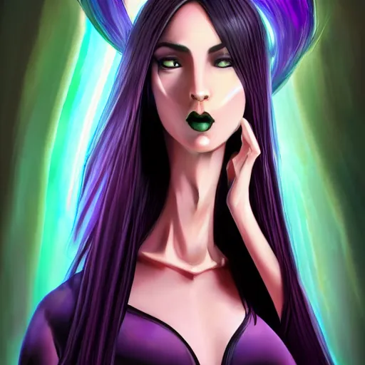 Prompt: Full-body Portrait of a female occult magician with dark purple hair, skintight rainbow body suit, character design, accentuated feminine features, slender female proportions, realistic face, detailed face, symmetrical face, digital painting, anime game art visual style, soft lighting, tonemapping, highly detailed, sharp focus, heavy contour lines, realism, vibrant colors, ArtStation, trending on ArtStation, DeviantArt, Zeronis