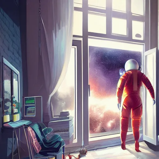 Prompt: astronaut enters the young woman's apartment, digital art, epic composition, highly detailed, cinematic lighting