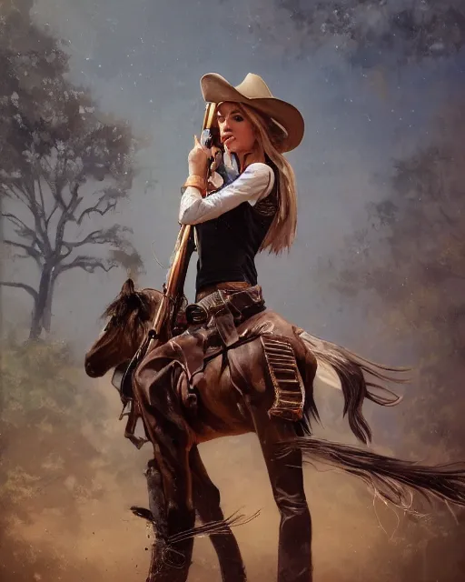 Prompt: a highly detailed oil painting of A cowgirls, in professional makeup, with medium length hair covering an eye, and a tall tree, and large gun, portrait, cinematic lighting, dramatic atmosphere, by Dustin Nguyen, Akihiko Yoshida, Greg Tocchini, Greg Rutkowski, Cliff Chiang, 4k resolution, trending on artstation
