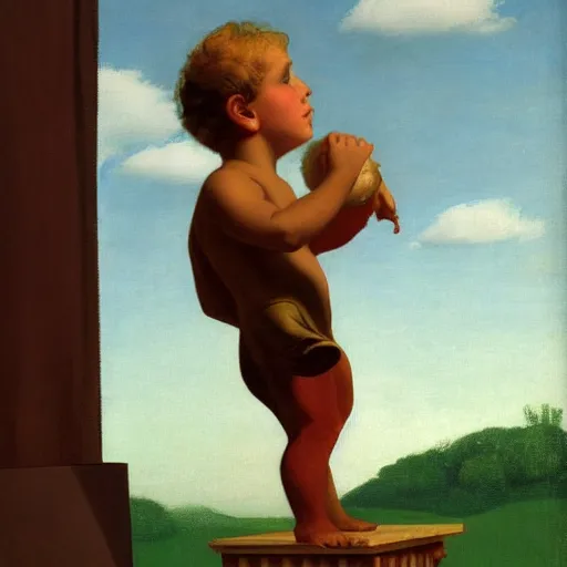 Prompt: a boy wins in the circus by Raphael, Hopper, and Rene Magritte. detailed, romantic, enchanting, trending on artstation.