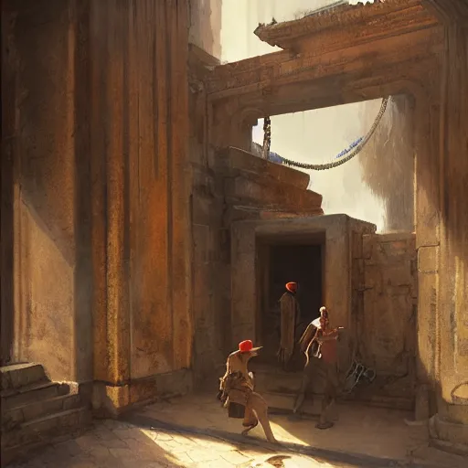 Image similar to indiana jones stealing a catalytic convertor, that is on a trapped pedastal, from inside a temple, painted by greg rutkowski