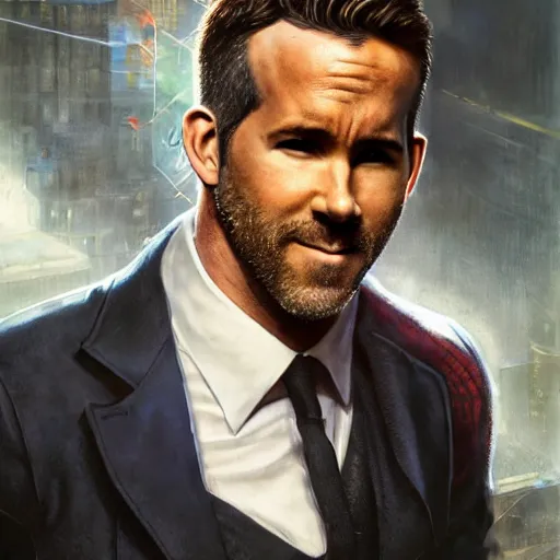 Image similar to ryan reynolds as spider - man, wearing a black and blue suit, cinematic, volumetric lighting, f 8 aperture, cinematic eastman 5 3 8 4 film, photorealistic by greg rutkowski, by stanley artgerm, by alphonse mucha