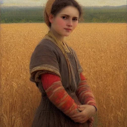 Image similar to a detailed, intricate oil painting close - up portrait of a ukrainian peasant girl in a field of grain, by william adolphe bougereau