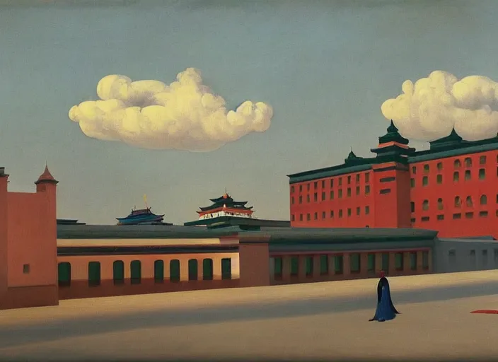 Prompt: lhasa palace, clouds, bird, open ceiling, strange foreign objects, oil painting by edward hopper, chirico and rene magritte