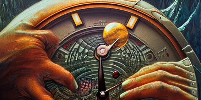 Image similar to painting hyperdetailed watch face by dan seagrave and tomasz alen kopera and simon stahlenhag