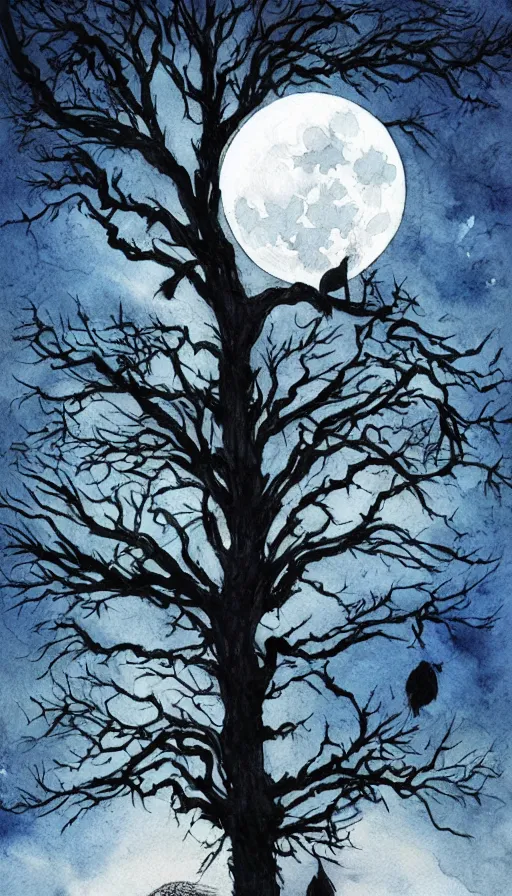 Image similar to book cover art, big crow on tree in front of the full big moon, watercolor, dramatic lighting, cinematic, establishing shot, extremely high detail, foto realistic, cinematic lighting, pen and ink, intricate line drawings, by Yoshitaka Amano, Ruan Jia, Kentaro Miura, Artgerm, post processed, concept art, artstation, matte painting, style by eddie mendoza, raphael lacoste, alex ross