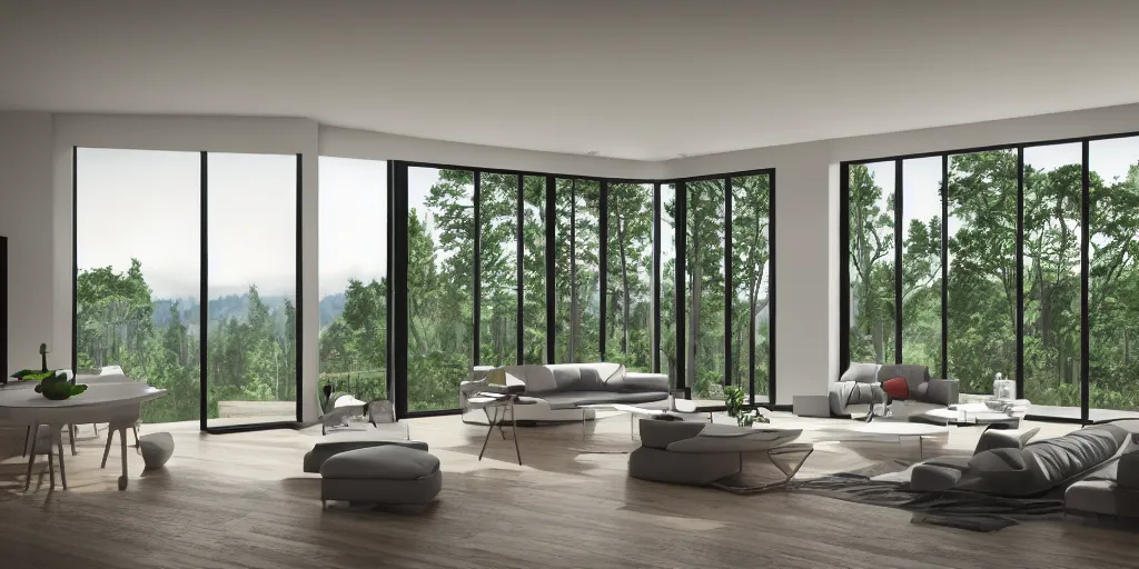Image similar to architecture render of interior of a beautiful modern home, large windows with a beautiful view of a forest, realistic, hd, 8 k, digital rendering, unreal engine, blender, octane, maya