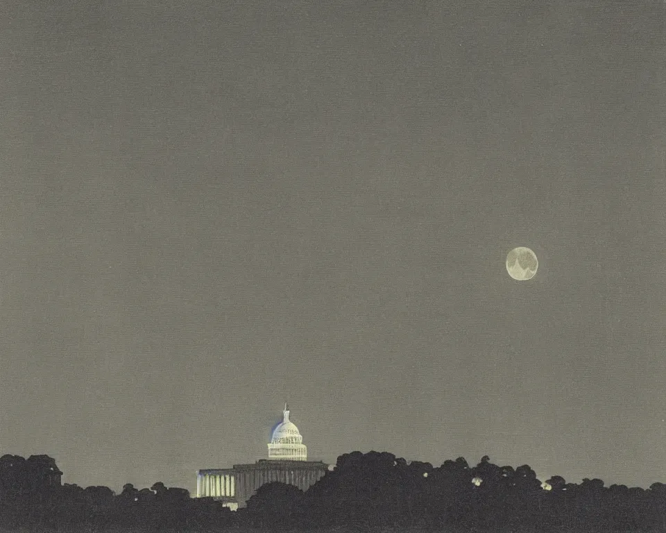 Image similar to beautiful print of the U.S. Capitol bathed in moonlight by Hasui Kawase and Lyonel Feininger.