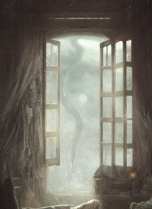 Image similar to a dreary bedroom where the window reveals fantastical scenes of dreams, dreams invading mundane spaces, fantasy infiltrating reality, bubbles of the impossible, swirls of magic, 8k, ultradetailed, illustrated by Greg Rutkowski and Caspar David Friedrich.