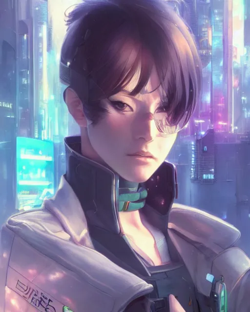 Image similar to anime key visual of a young female police officer, neon, cyberpunk, futuristic, stunning, highly detailed, digital painting, artstation, smooth, soft focus, rule of thirds, illustration, art by artgerm and greg rutkowski and alphonse mucha