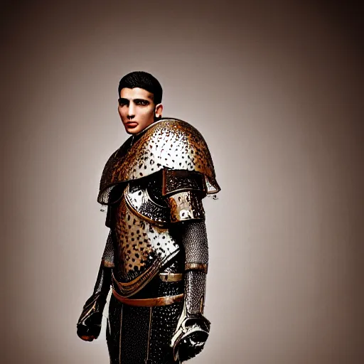 Image similar to a portrait of a beautiful young moroccan male wearing an alexander mcqueen armor made of carbon , photographed by andrew thomas huang, artistic