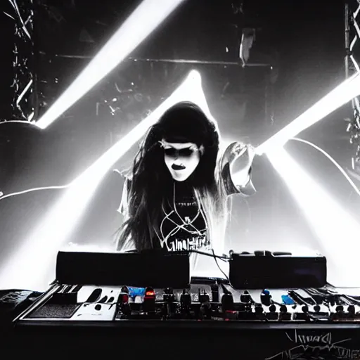 Image similar to grimes on stage djing, volumetric neon lights in the background, gleaming, 3 5 mm photography, portrait!!!!!!