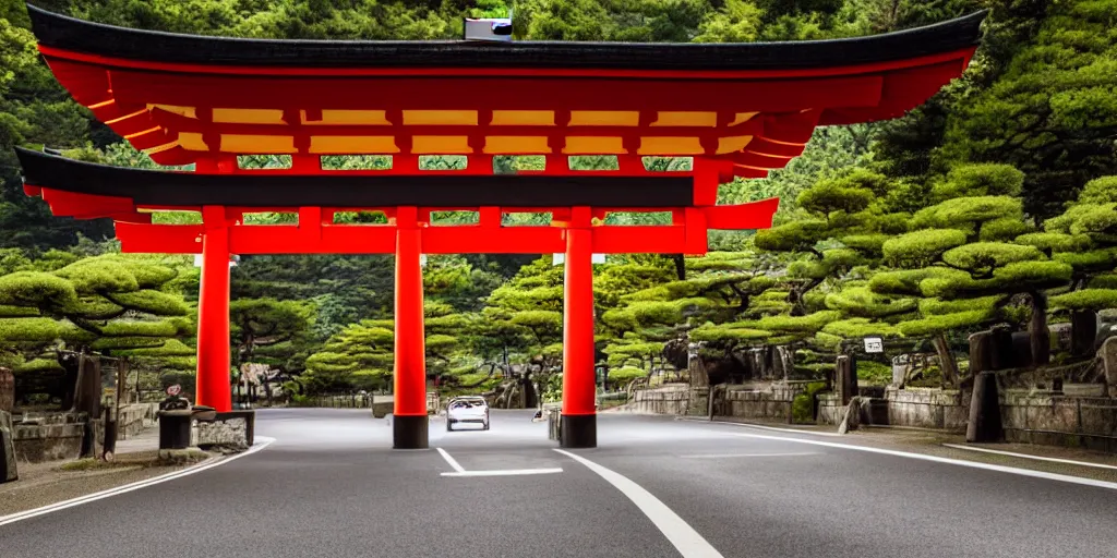 Image similar to A night photo of a school bus driving towards a Japanese Torii gate at Mount Fuji location in Japan, time travel, ray tracing