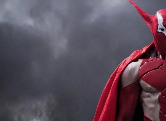 Image similar to film still of michael b jordan as spawn in the new spawn movie, giant chains, large cape, 8 k