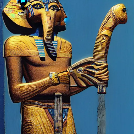 Image similar to the annunaki returned to egypt wearing space suits with egyptian pharaoh head - dresses and breathing hoses that look like elephant trunks - photo, close - up, alien - looking, cyborg, detailed, photo - realism