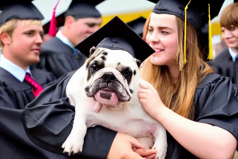 Prompt: a crowd of high school graduates petting an english bulldog wearing a crown