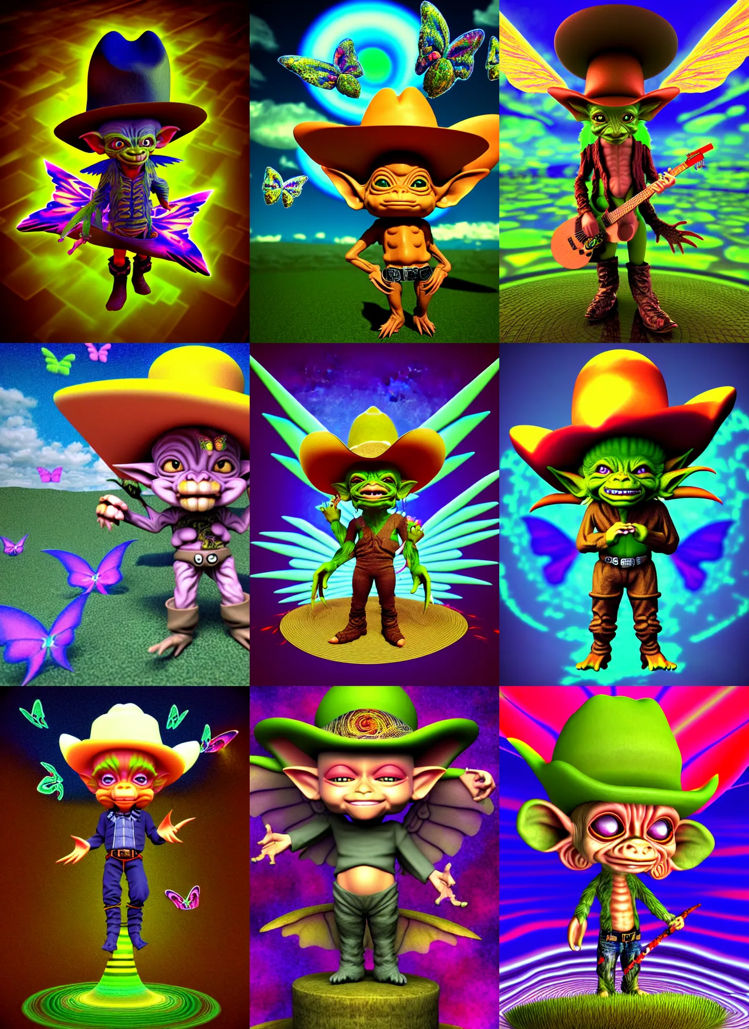 Prompt: 3d render of chibi goblin by Ichiro Tanida wearing a big cowboy hat and angel wings against a psychedelic spiral background with 3d butterflies n the style of 1990's CG graphics 3d rendered y2K aesthetic by Ichiro Tanida, 3DO magazine