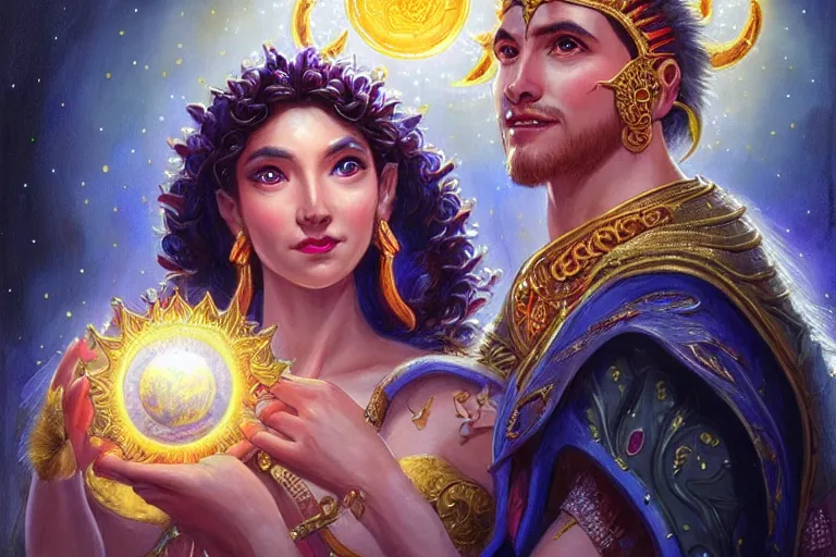 Image similar to close up moment of a divine a sun god and a moon goddess lovers magician at a wedding banquet, highly detailed, d & d, fantasy, highly detailed, digital painting, trending on artstation, concept art, sharp focus, illustration, art by artgerm and greg rutkowski and magali villeneuve