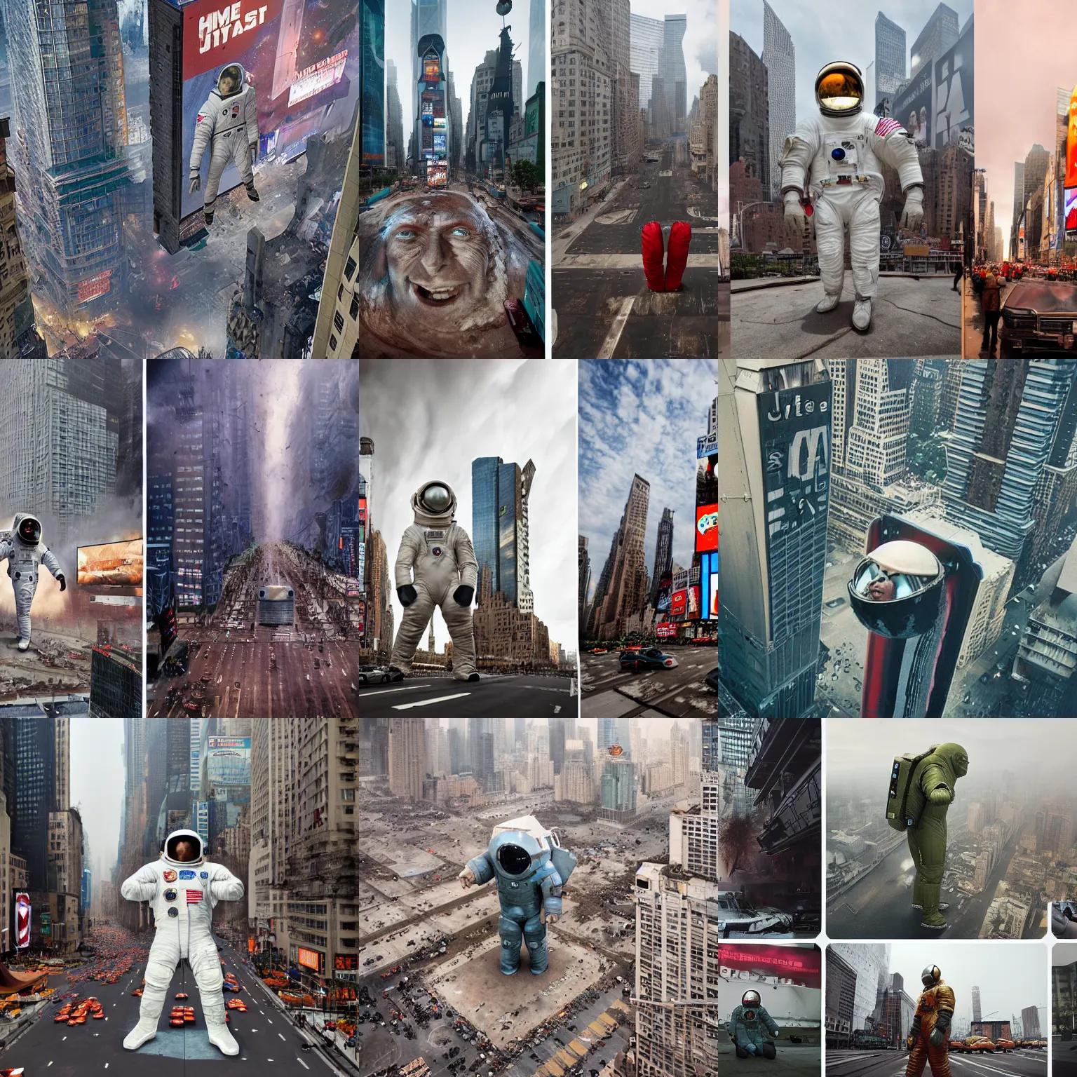 Prompt: giant hulked oversized american spacesuit astronaut in postapocalyptic times square nuclear bombing, overcast, high angle, by steve mccurry, by oleg oprisco, by thomas peschak, by nasal, by victor enrich, by gregory crewdson