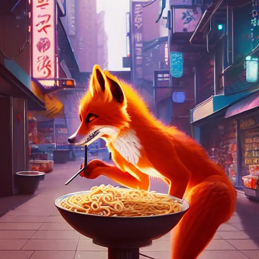 Prompt: splash art of cute female anthropomorphic vulpes vulpes fulva eating ramen noodles by a stand in the crowded street of a cyberpunk city : by weta, greg rutkowski, wlop, ilya kuvshinov, rossdraws, artgerm, octane render, liosh, mucha