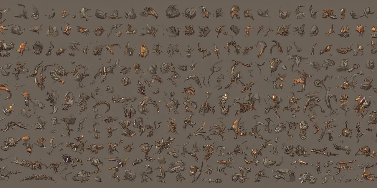 Prompt: game asset sheet, material study, 2 d sprite, monsters