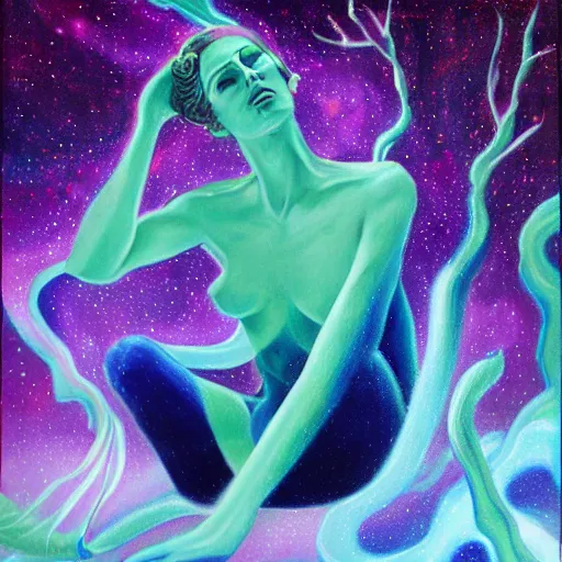 Prompt: hypersurreal dreamlike fey reclining on cosmic roots, infinity, nebula, smeared acrylic paint, concept art