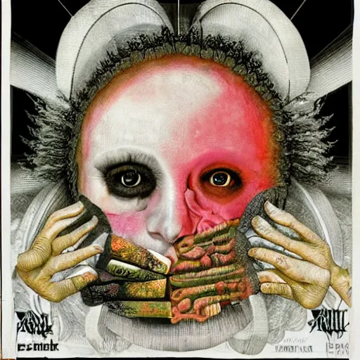 Image similar to post - punk new age album cover, white fabric banner on the top, asymmetrical design, dollar bank notes, capitalism, magic, apocalypse, psychedelic, black white pink, magic, giger h. r., giuseppe arcimboldo