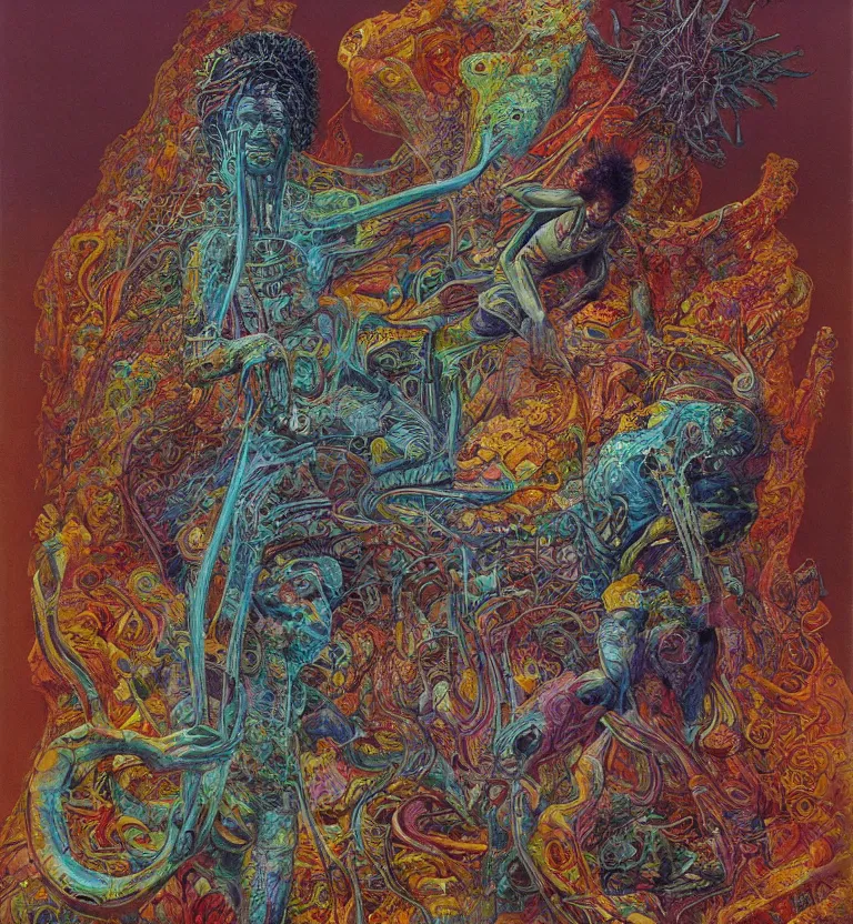 Prompt: colourful biomorphic temple, jimi hendrix full body, by moebius and giger and james jean and beksinski, 8 k