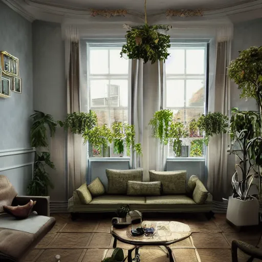 Prompt: beautiful rendering of an interior scene, english retro living room with sunlight coming from the window, plants and roses as accents, gold glittering ornaments, trending on behance, by raphael lacoste and craig mullins, rule of thirds, 8 k resolution, unreal engine, rendered in maya, detailed, wide - angle lens, two - point perspective, light effect, overall color balance