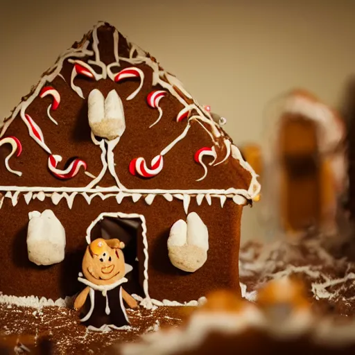 Image similar to cinematic photo of the creatures living inside of a haunted gingerbread house