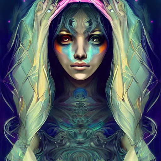 Prompt: holographic dreams horror necromancer, intricate detailed botticelli portrait artstation behance pixiv