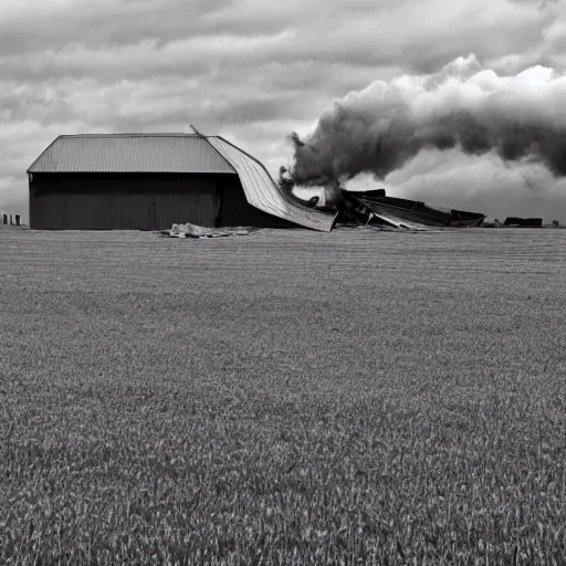 Prompt: a gray tornado in a flat field destroying a barn.