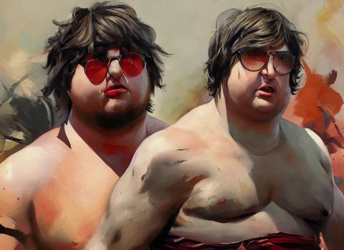 Prompt: a highly detailed beautiful painting of andy milonakis as kratos, by gregory manchess, james gurney, james jean, glasses