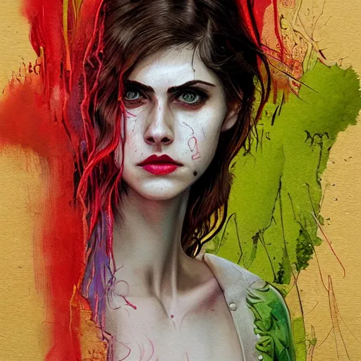 Image similar to a Demon Slayer portrait of Alexandra Daddario, tall, pale-skinned, slender with lime green eyes and long eyelashes by Stanley Artgerm, Tom Bagshaw, Arthur Adams, Carne Griffiths, trending on Deviant Art, street art, face enhance, chillwave, maximalist, full of color, glittering