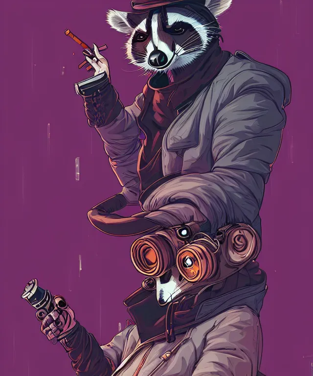 Image similar to a portrait of an anthropomorphic cyberpunk raccoon smoking a cigar, cyberpunk!, fantasy, elegant, digital painting, artstation, concept art, matte, sharp focus, illustration, art by josan gonzalez